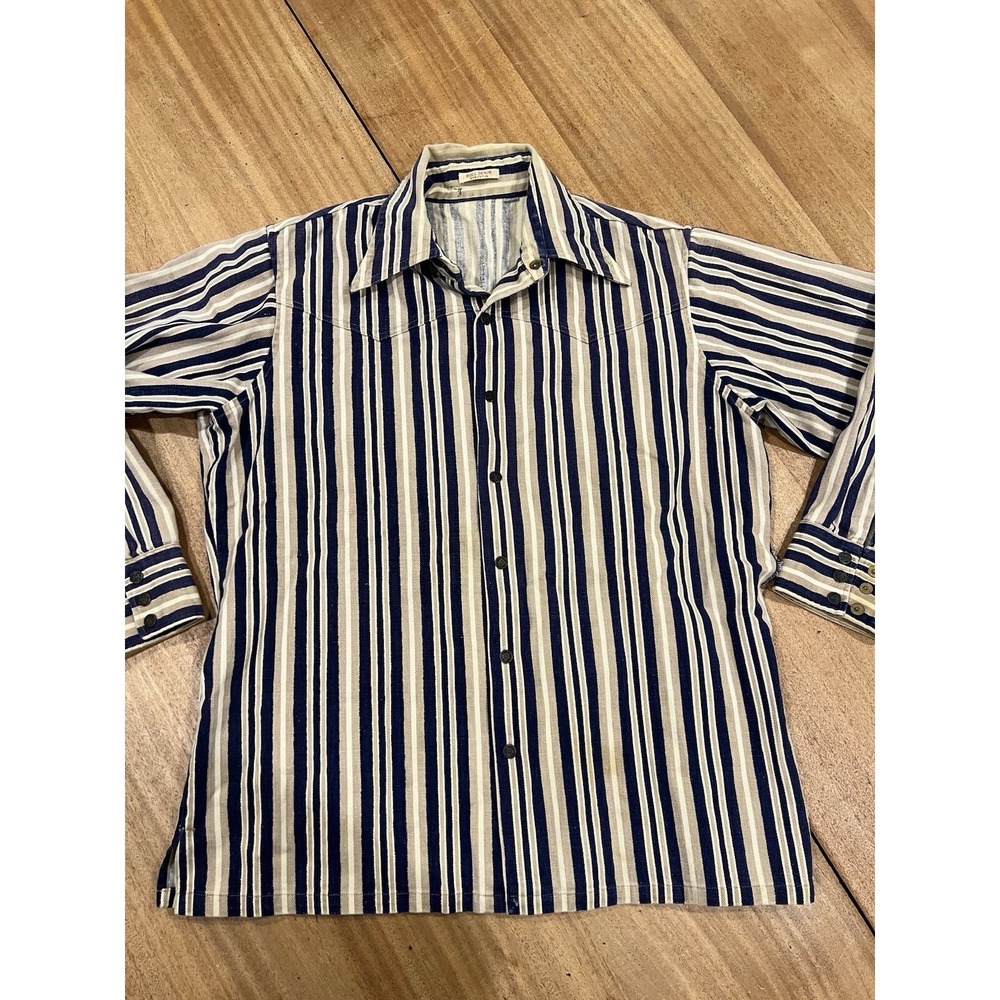 Vtg Bull Denim Shirt Mens Large Blue White Western Metal Snap Striped Ranch Work